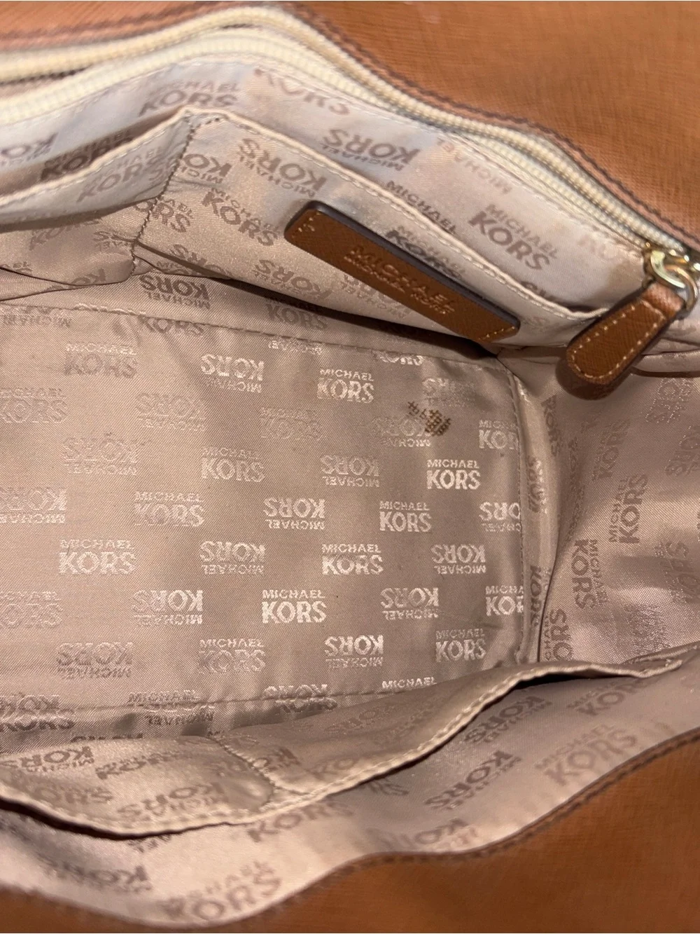 Michael Kors Hudson Satchel & Crossbody in Cream Logo with Brown Leather Trim